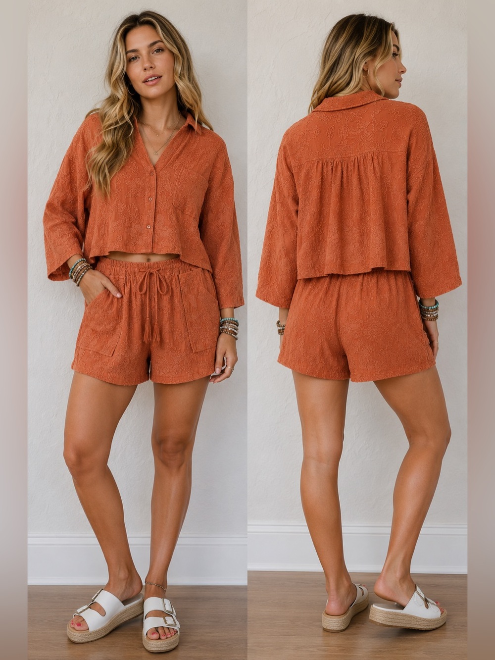 Avec Les Filles Terracotta Embroidered Matching Set Top XS Shorts S